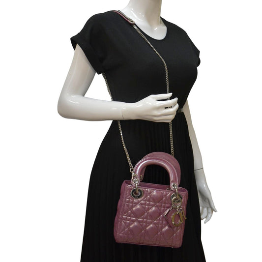 Dior Lady Pearlescent Cannage Shoulder Bag Dark Lambskin Pink Mini