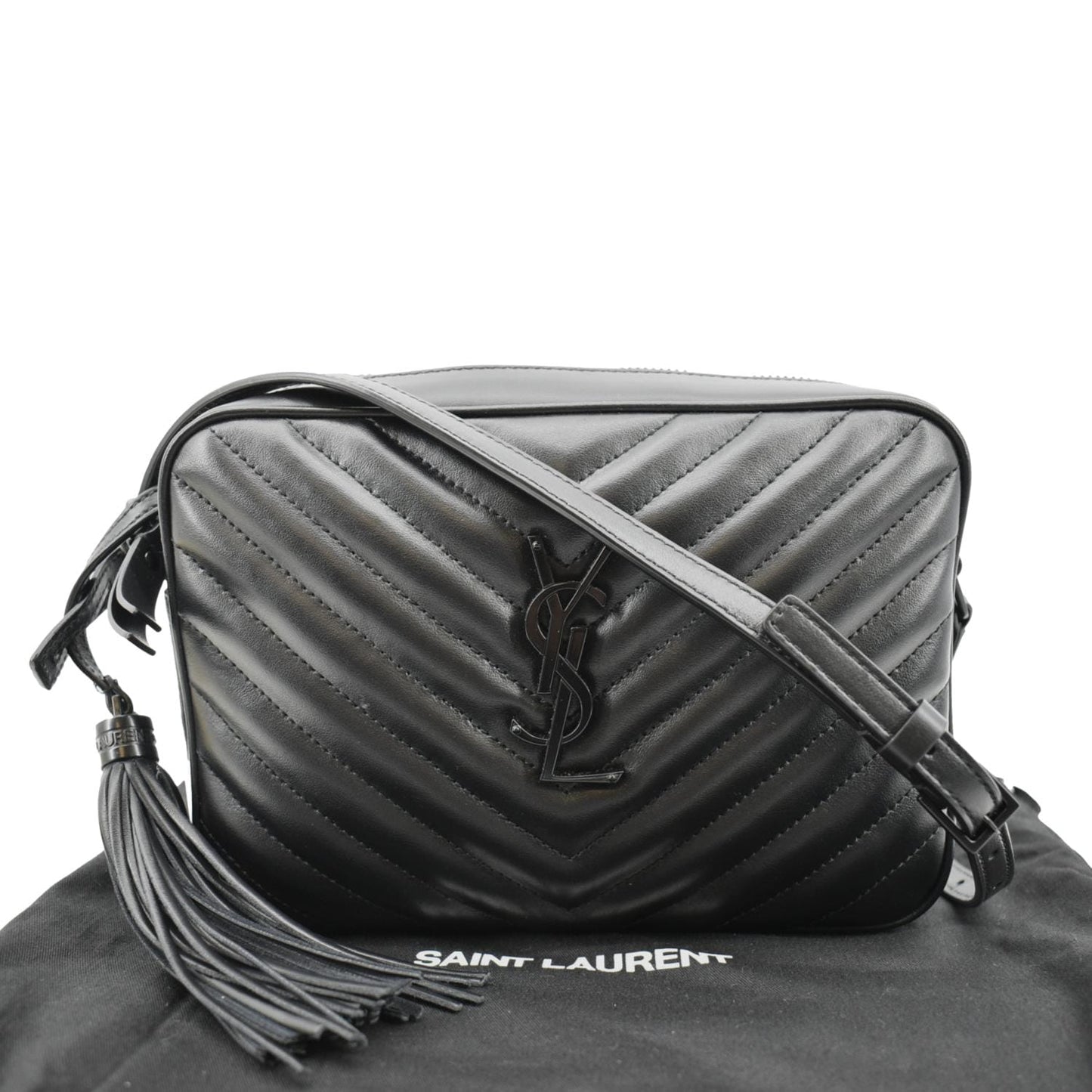YSL Saint Laurent Yves Lou Chevron Camera Crossbody Bag Leather Black Camera Bag Black