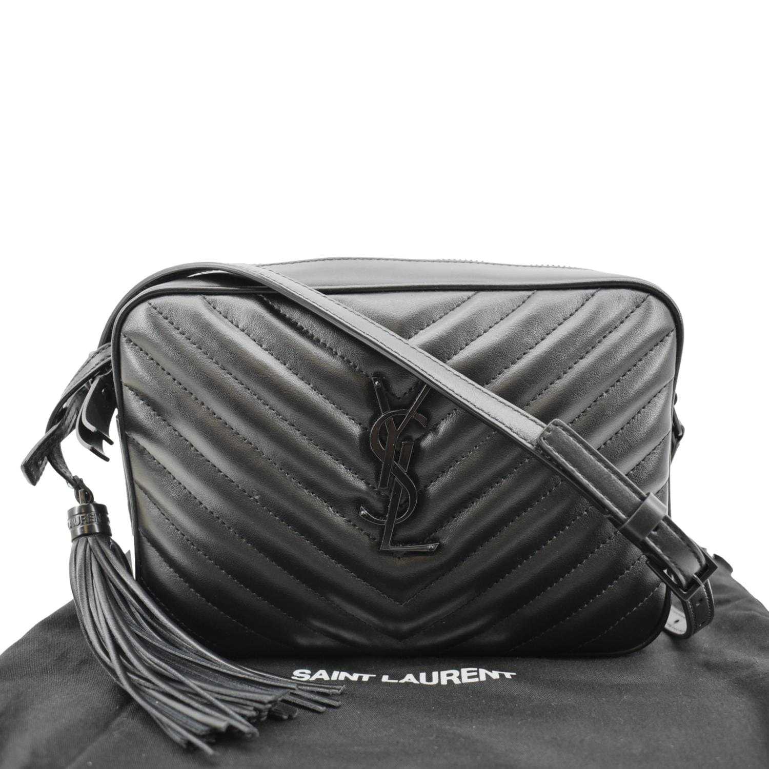 YSL Saint Laurent Yves Lou Chevron Camera Crossbody Bag Leather Black Camera Bag Black