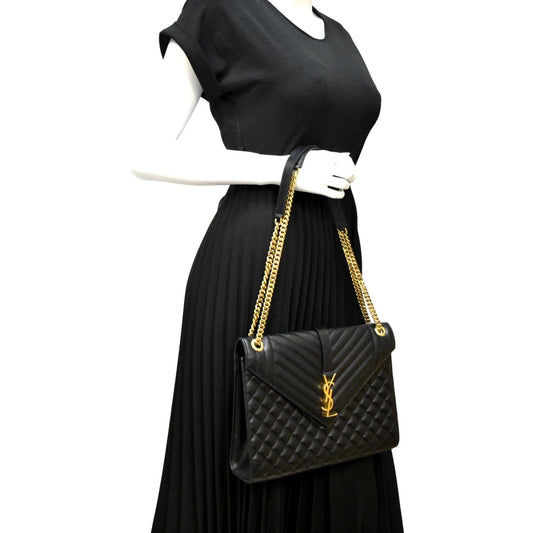 YSL Saint Laurent Yves Envelope Calfskin Shoulder Bag Leather Black Large