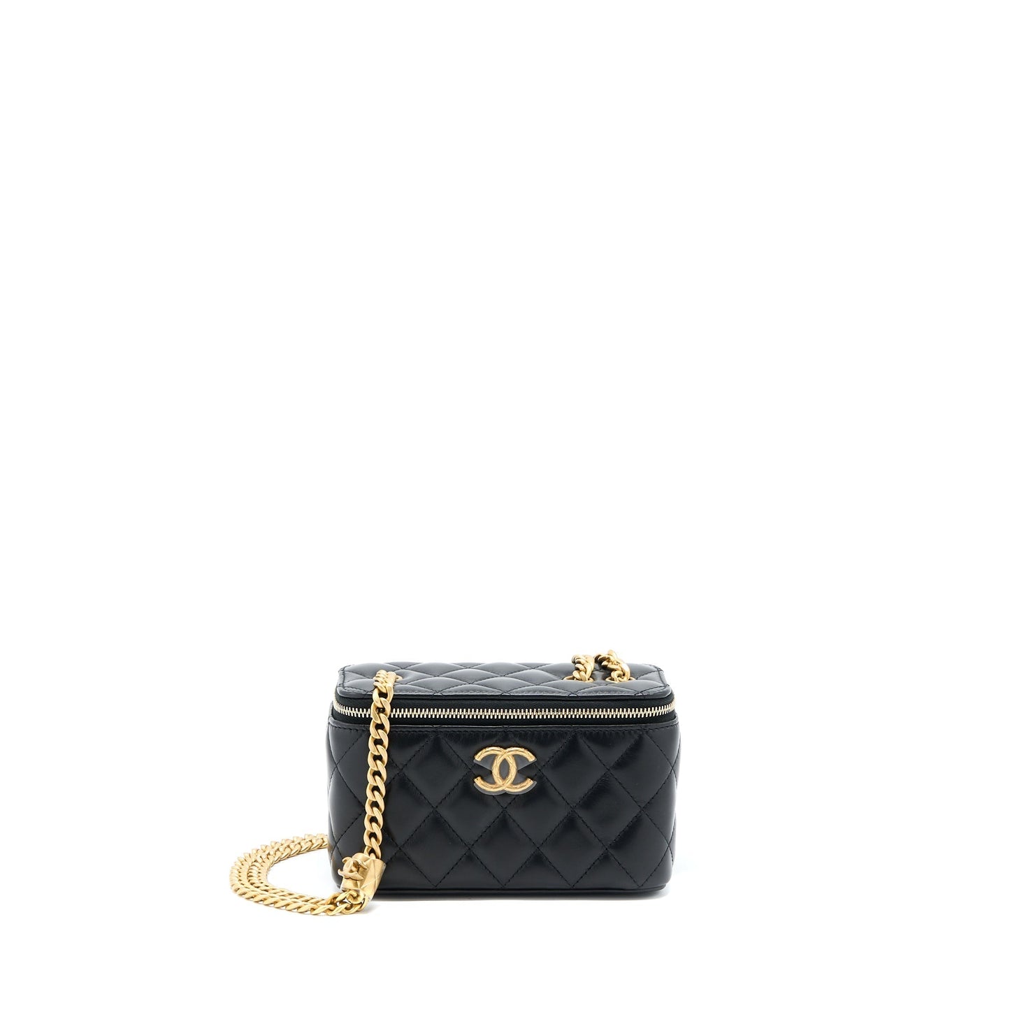 Chanel 22K Pillar Adjustable Long Vanity Lambskin Black Gold Handbag