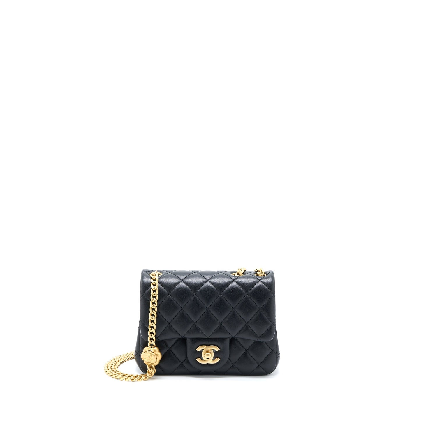 Chanel 23S Camellia Square Flap Lambskin Brushed Black Shoulder Bag
