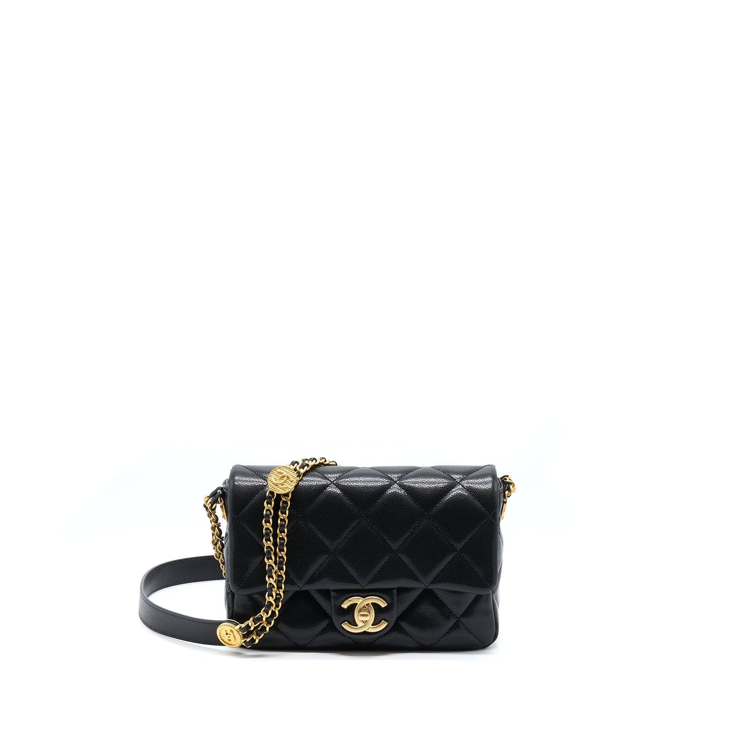 Chanel 22A Flap Caviar Brushed Hardware Microchip Black Gold Small Shoulder Bag