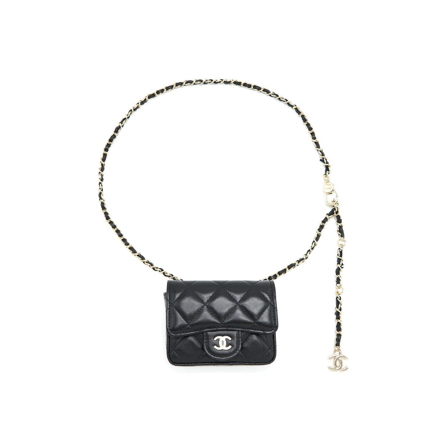 Chanel Flap Card Holder Belt Lambskin LGHW Black Wallet Case