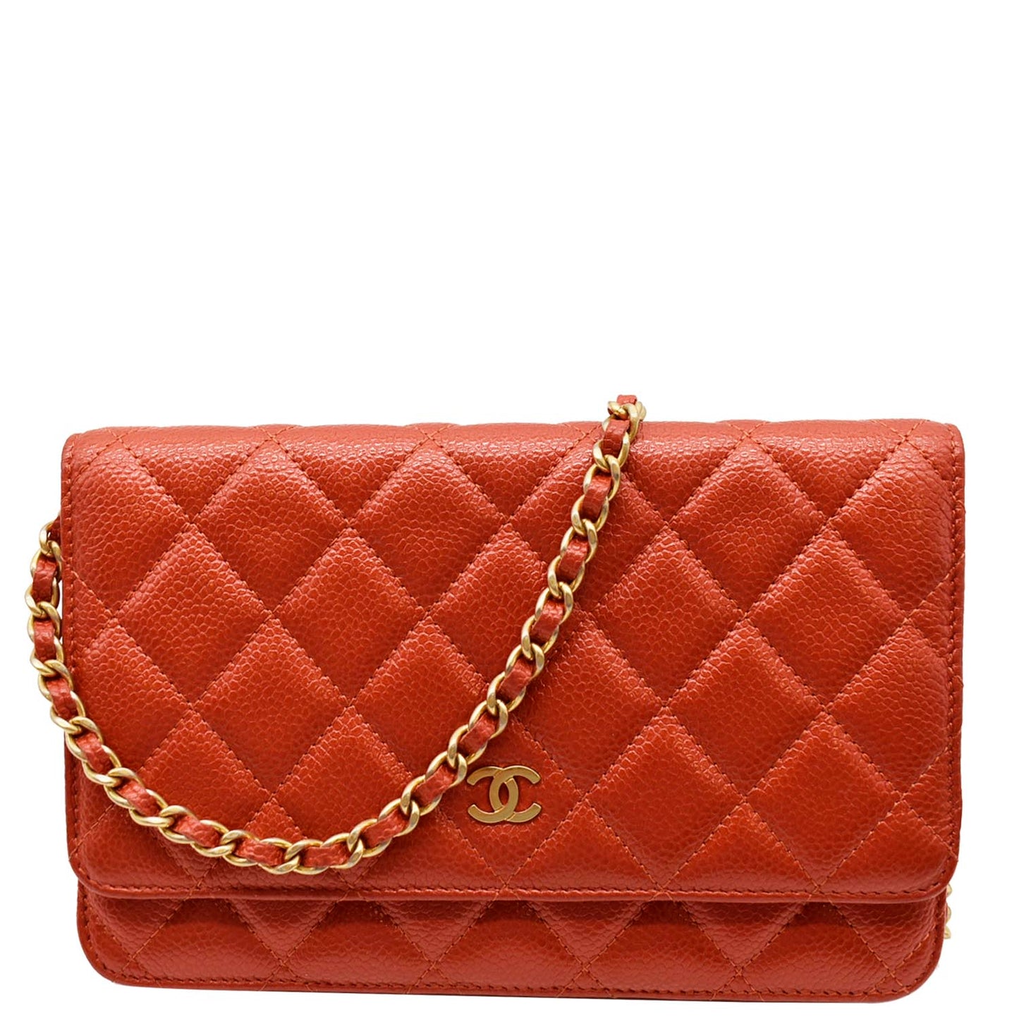 Chanel WOC Quilted Caviar Dark Leather Orange Wallet Case