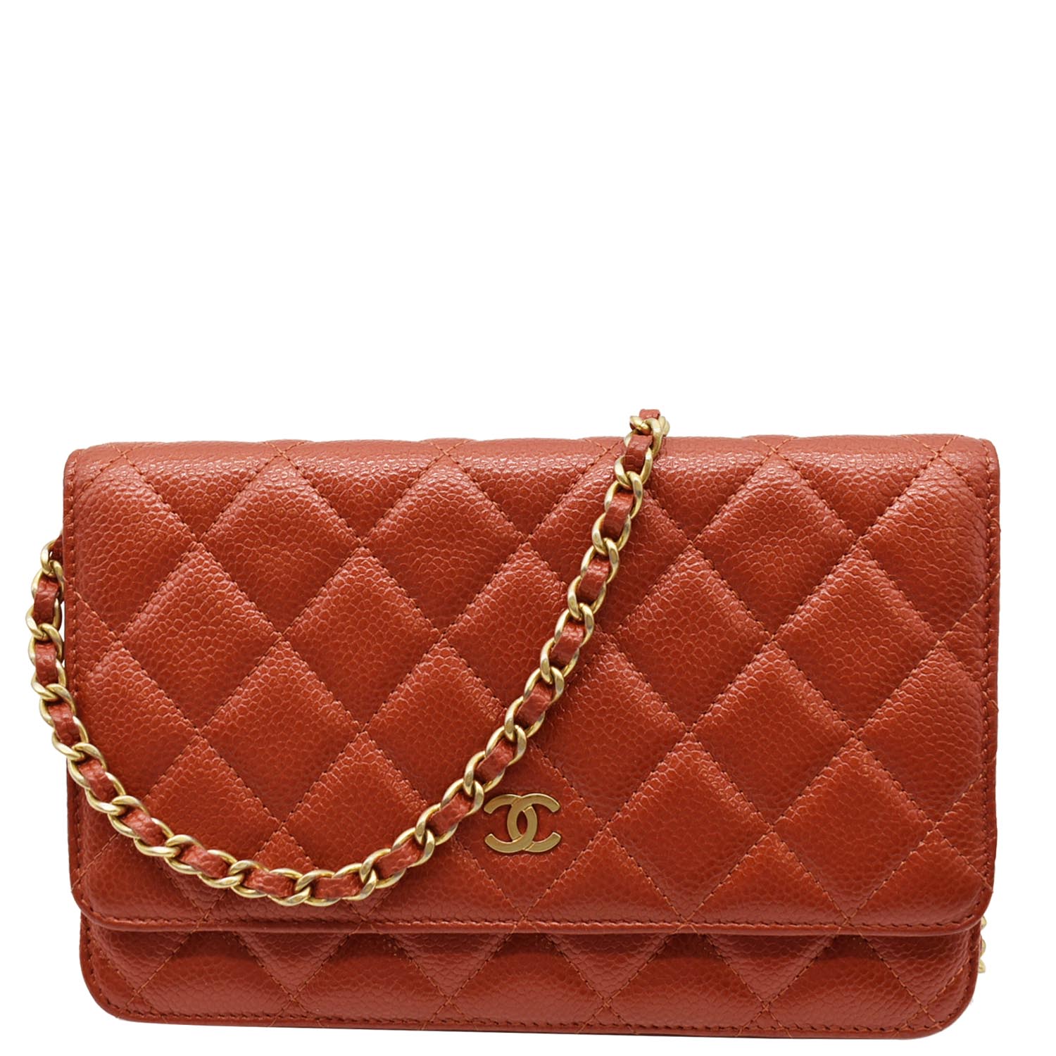 Chanel WOC Quilted Caviar Dark Leather Orange Wallet Case