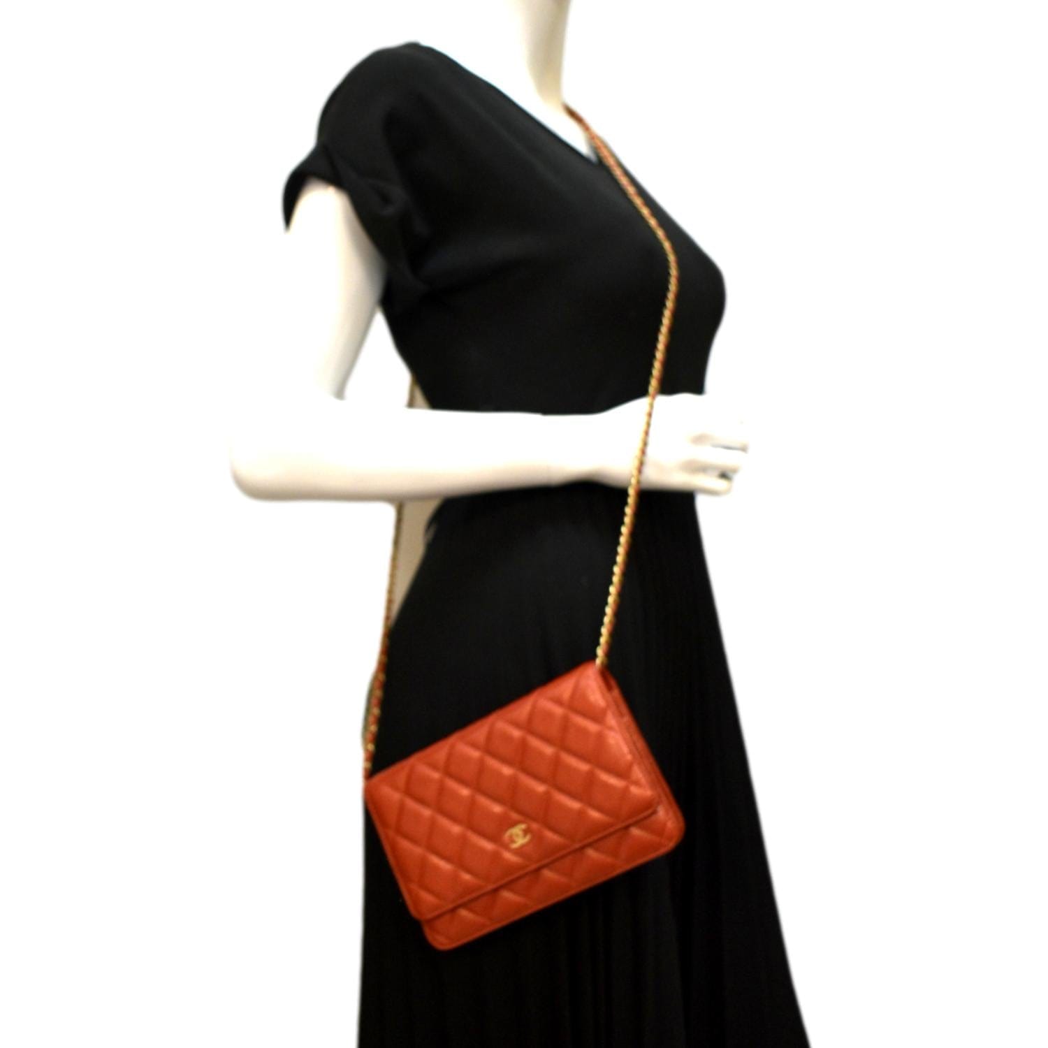 Chanel WOC Quilted Caviar Dark Leather Orange Wallet Case
