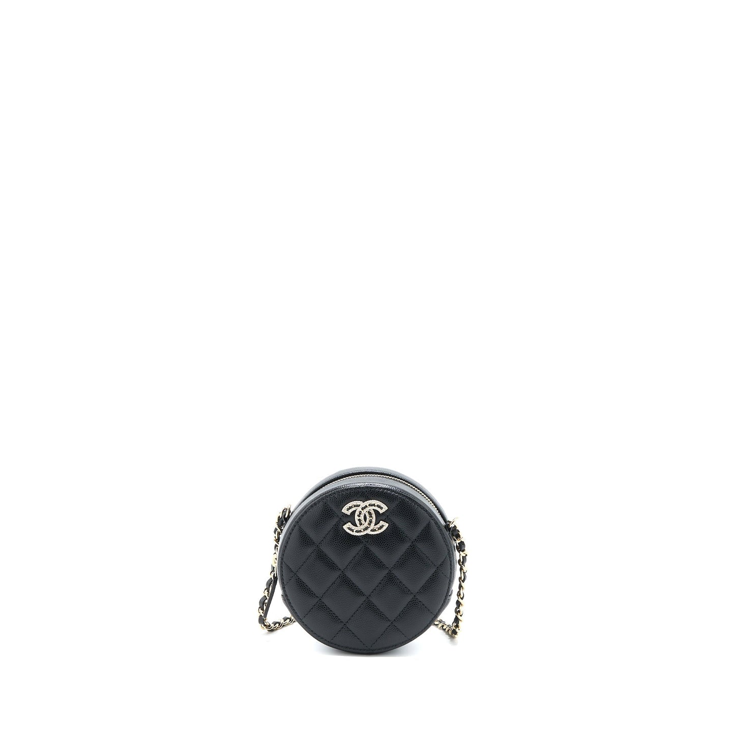 Chanel Crystal CC Logo Round Caviar LGHW Black Clutch Bag