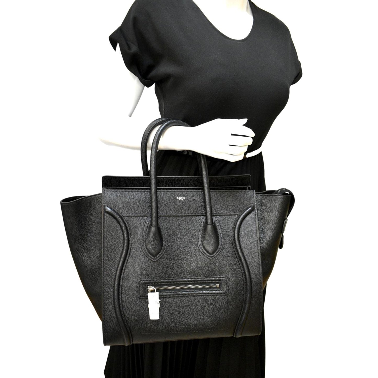 Drummed Luggage Calfskin Tote Bag Leather Black