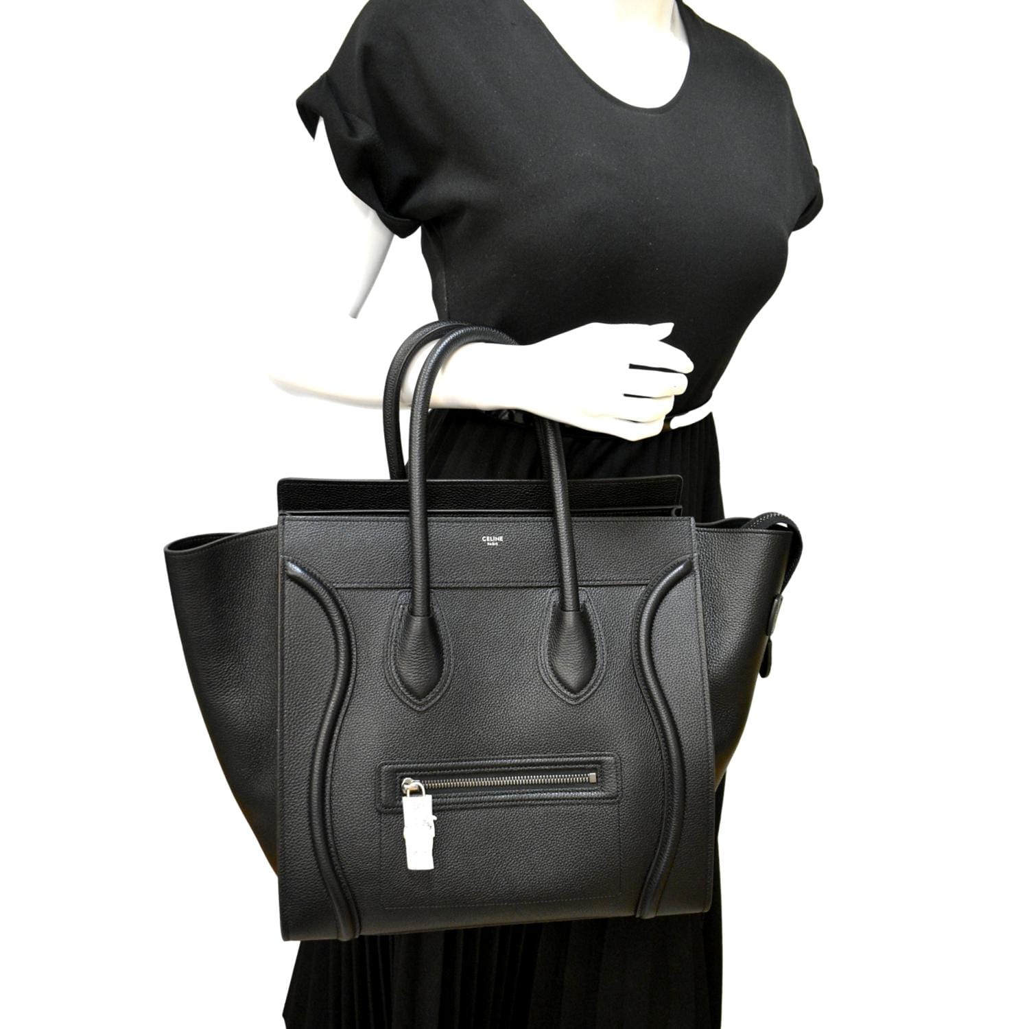 Drummed Luggage Calfskin Tote Bag Leather Black