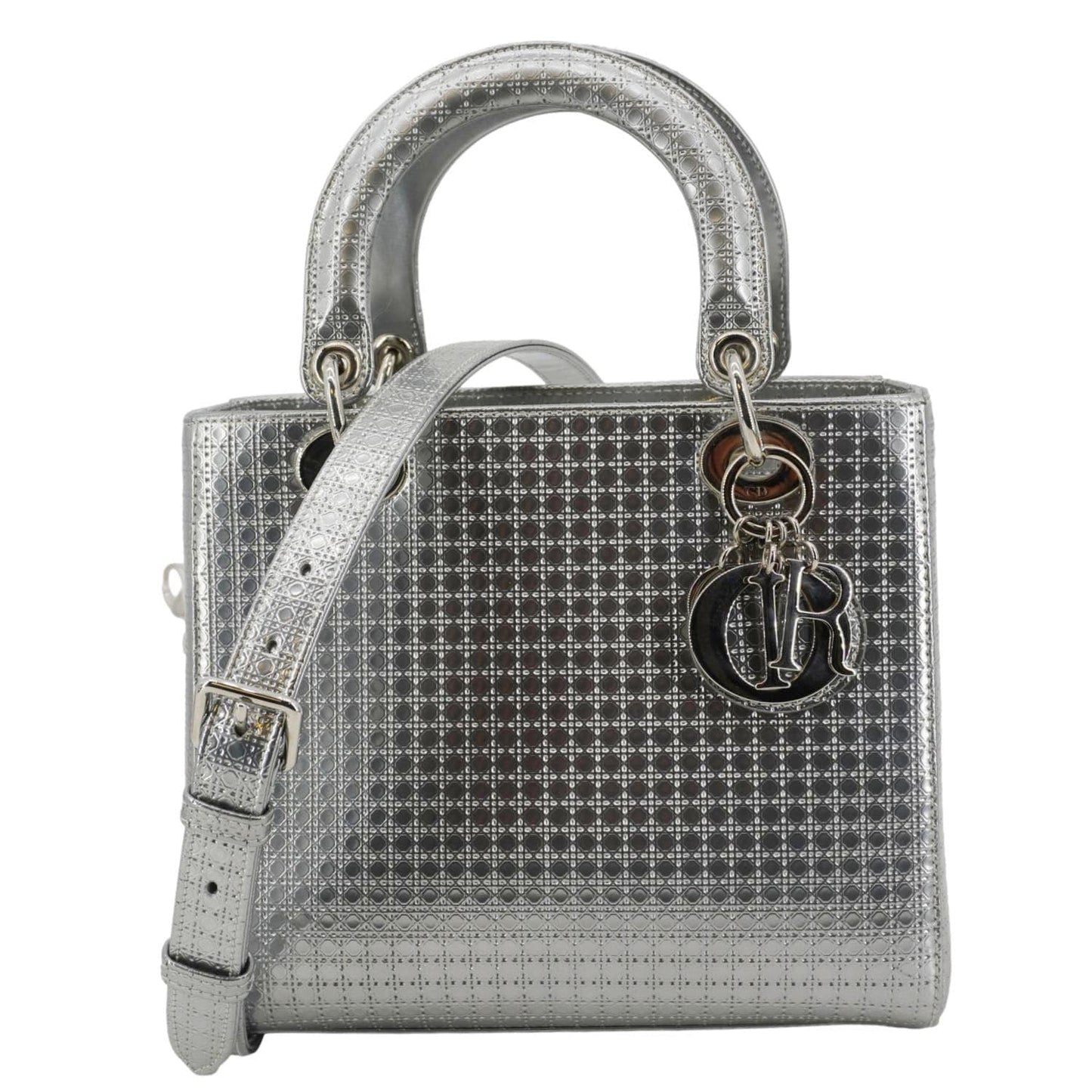 Dior Lady Shoulder Bag Metallic Leather Silver Medium