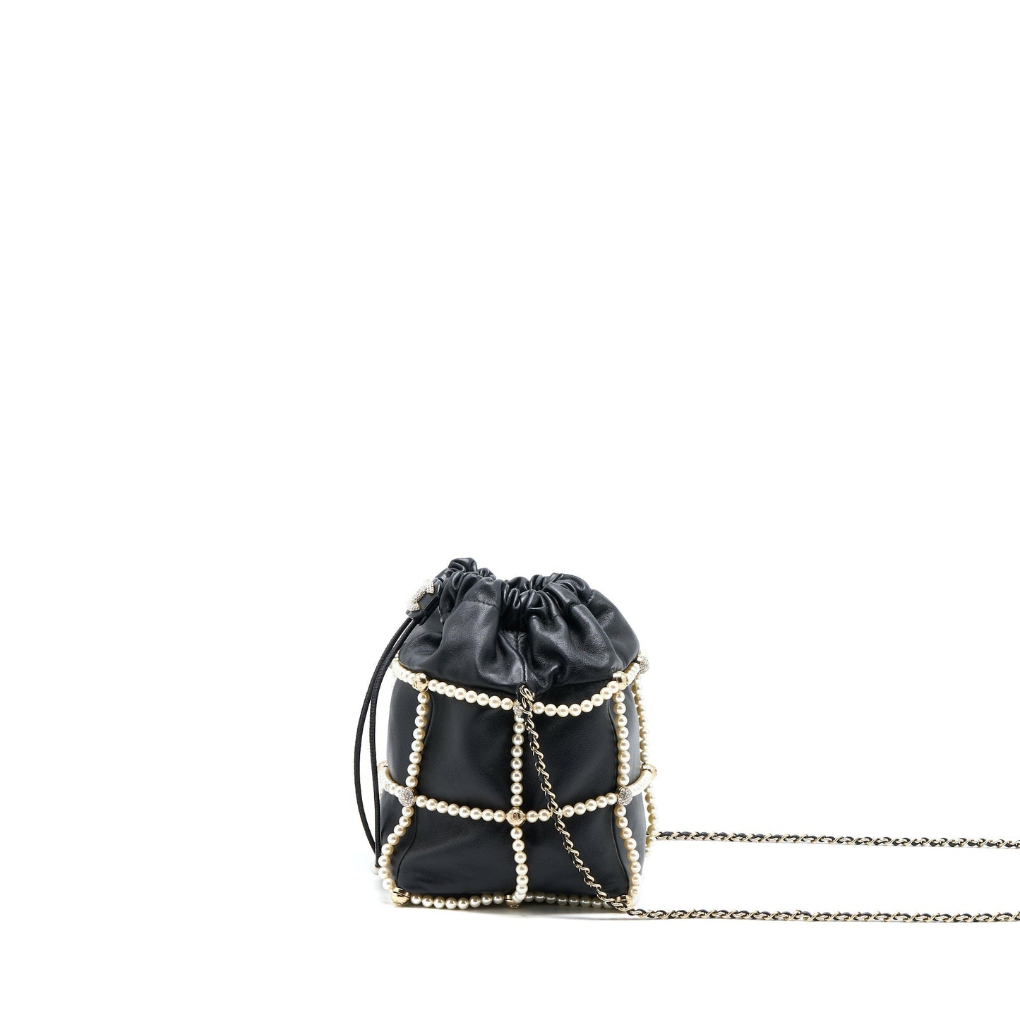 Chanel Bucket Crystal CC Logo Pearl Lambskin Black Bucket Bag