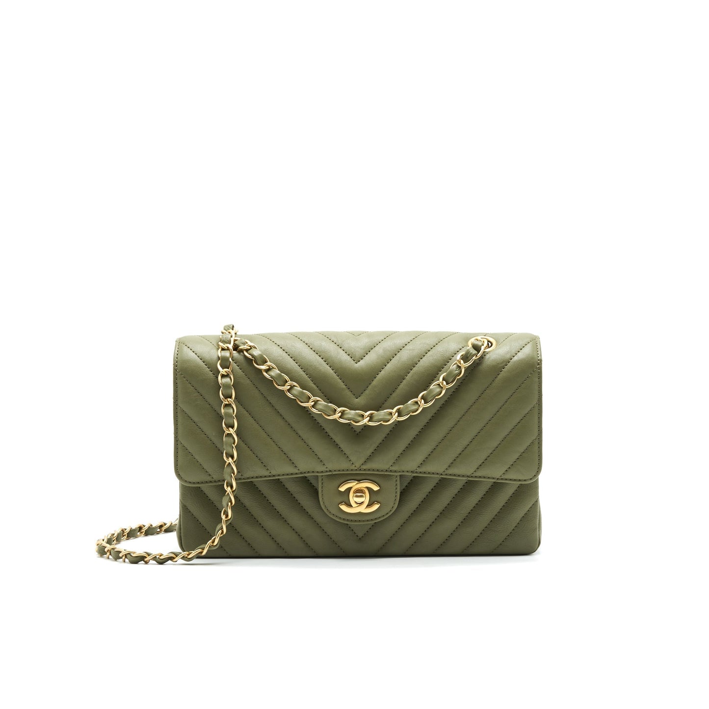 Chanel Chevron Classic Double Flap Olive- GHW Green Shoulder Bag