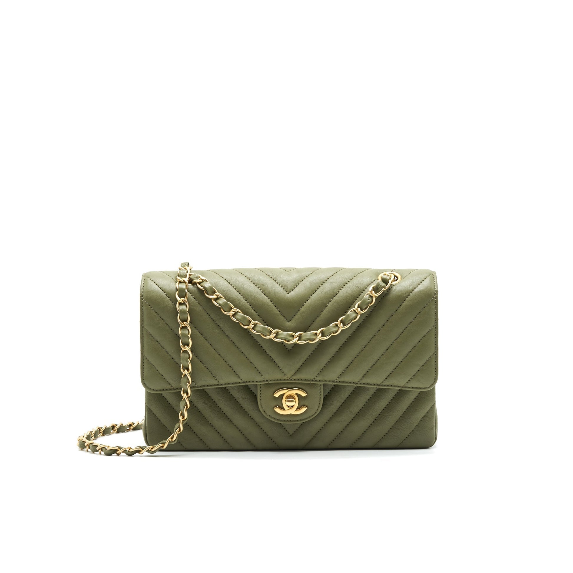 Chanel Chevron Classic Double Flap Olive- GHW Green Shoulder Bag