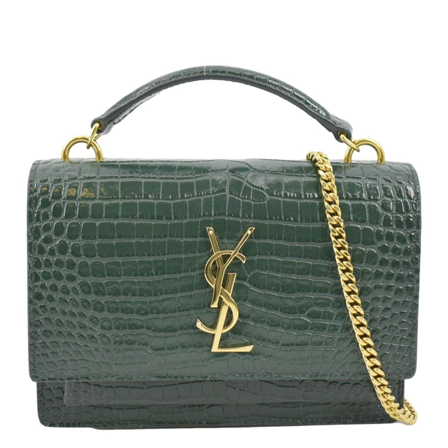 YSL Saint Laurent Yves Sunset Crocodile Crossbody Bag Leather Green Embossed