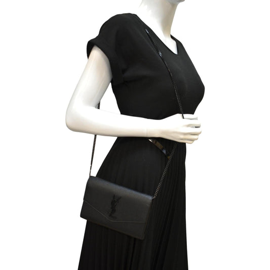 YSL Saint Laurent Yves Grain De Poudre Crossbody Bag Leather Black Chain