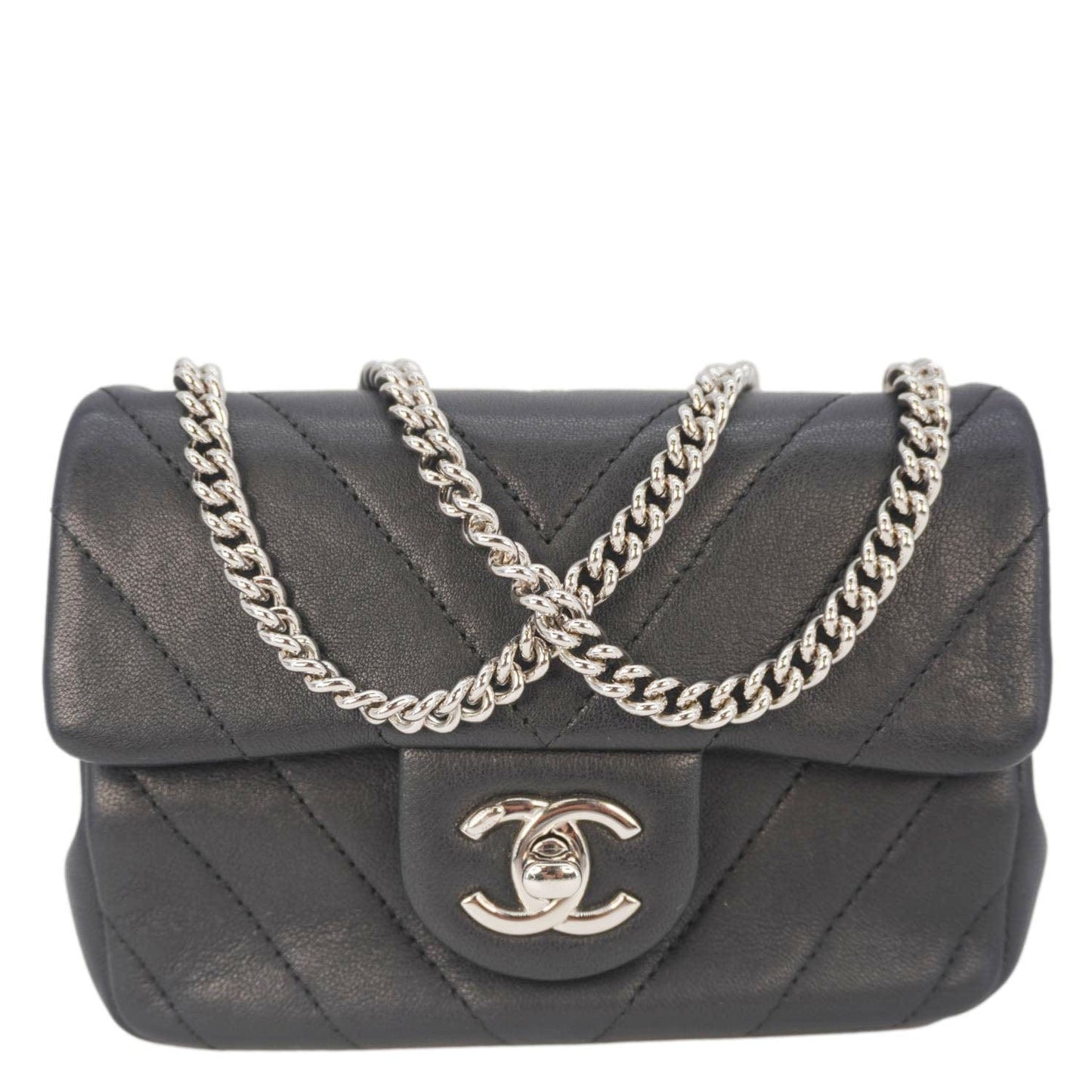 Chanel Flap Quilted Chevron Leather Black Travel Bag