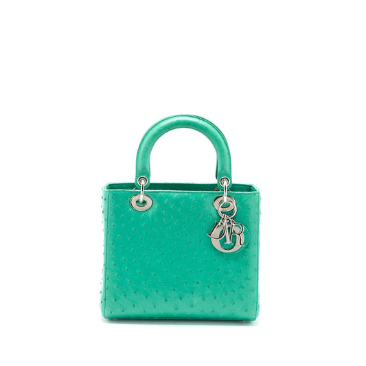 Dior Lady Ostrich Handbag Green Medium Travel Bag