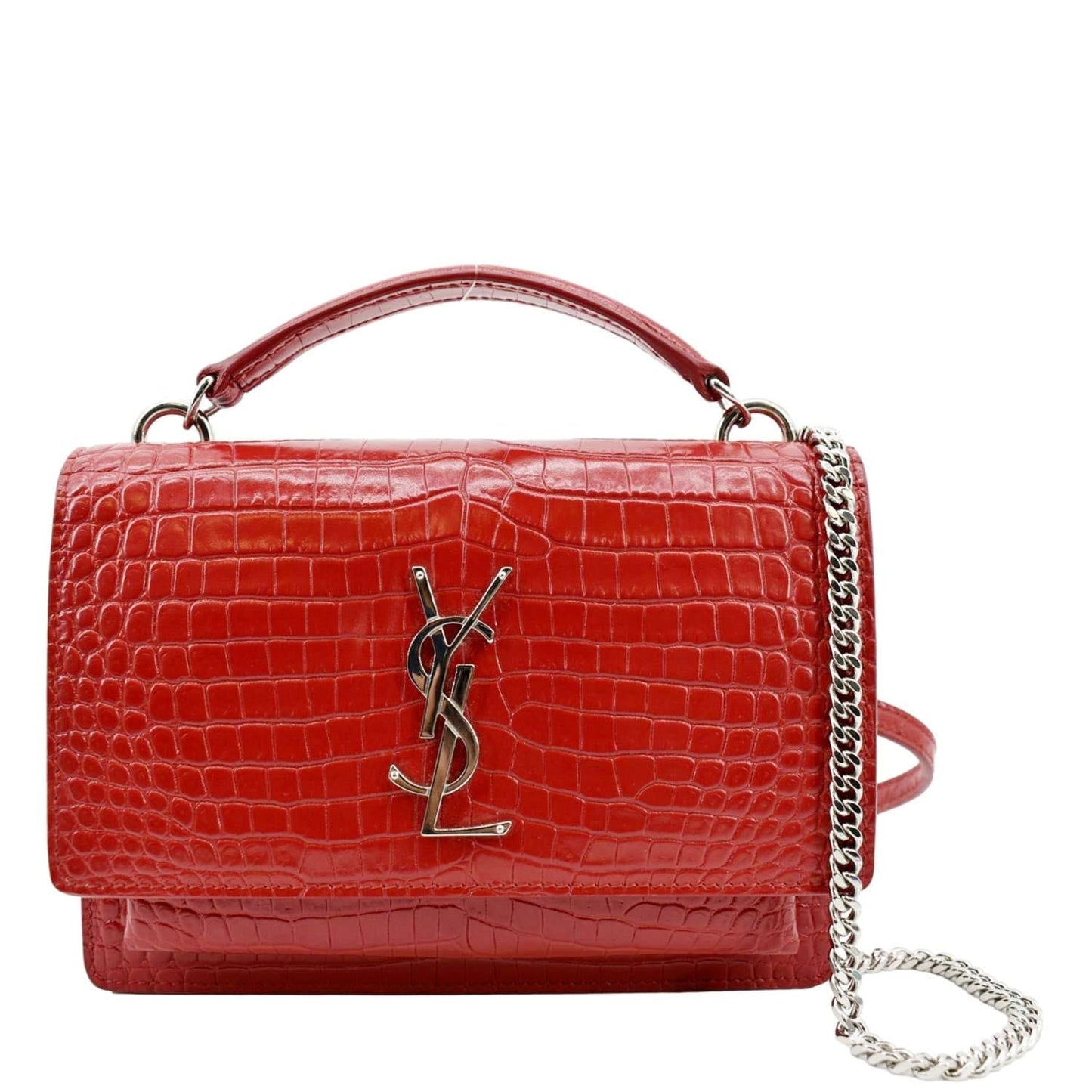 YSL Saint Laurent Yves Sunset Crocodile Crossbody Bag Leather Red Embossed