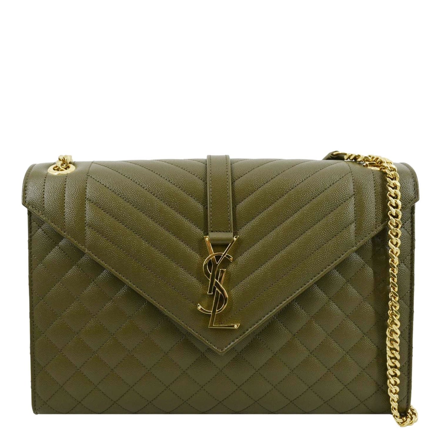 YSL Saint Laurent Yves Envelope Shoulder Bag Khaki Leather Matelasse Green