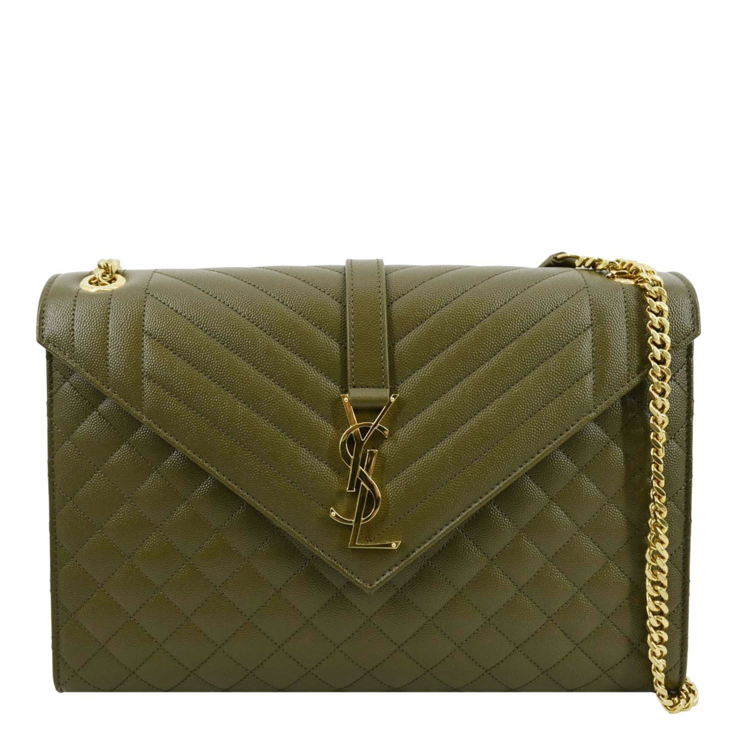 YSL Saint Laurent Yves Envelope Shoulder Bag Khaki Leather Matelasse Green