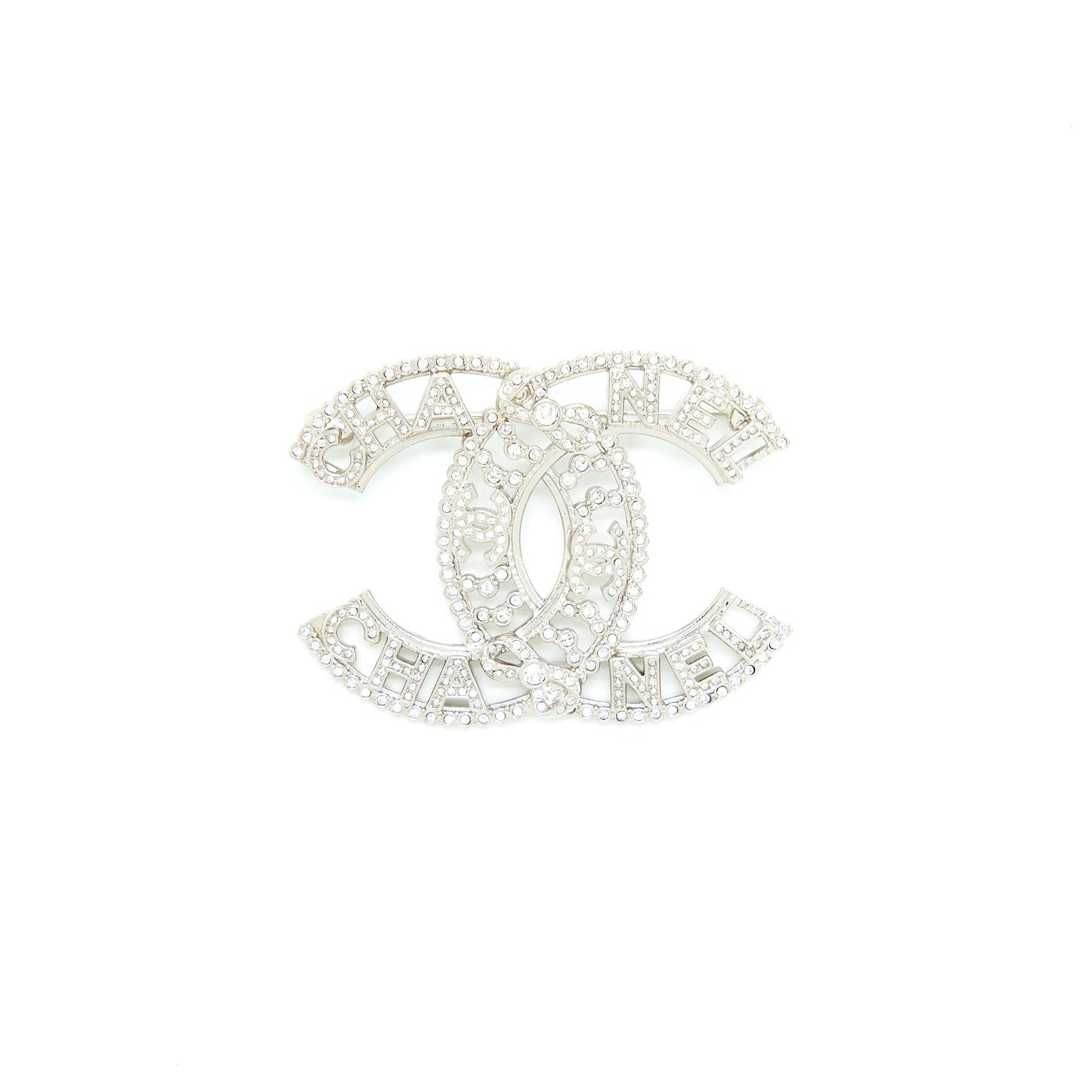 Chanel CC Logo Letter Brooch Crystal Tone Silver Handbag