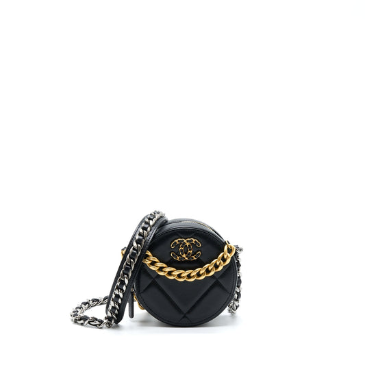 Chanel 19 Round Lambskin Hardware Gold Silver Clutch Bag