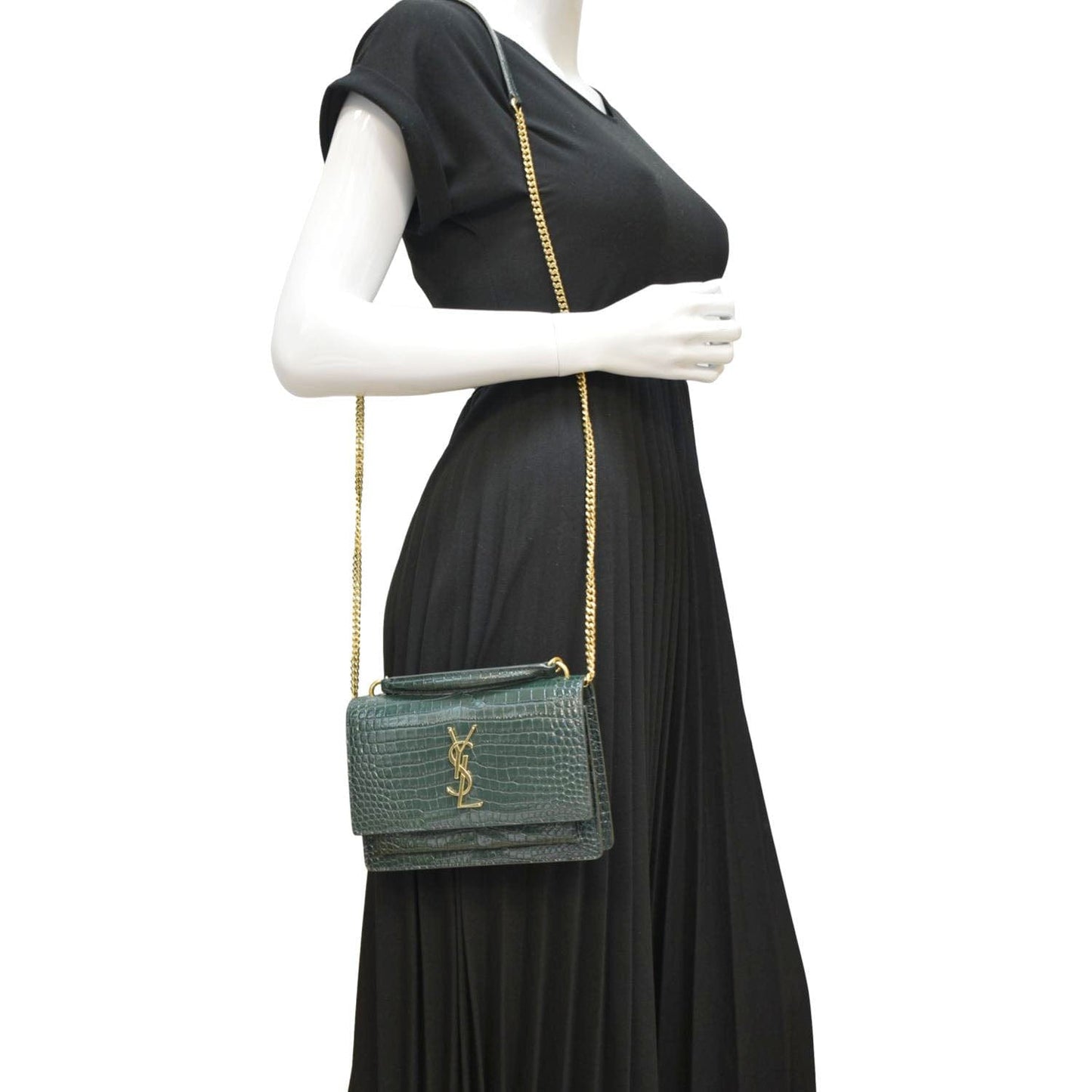 YSL Saint Laurent Yves Sunset Crocodile Crossbody Bag Leather Green Embossed