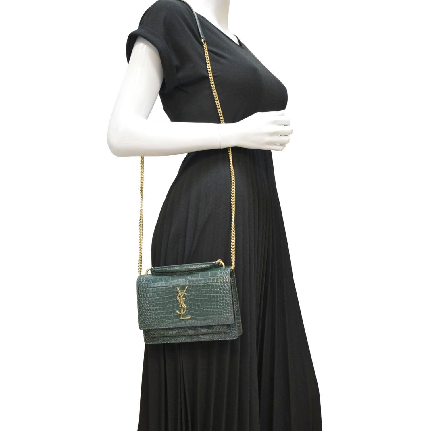 YSL Saint Laurent Saint Sunset Crocodile Embossed Crossbody Bag Leather Green