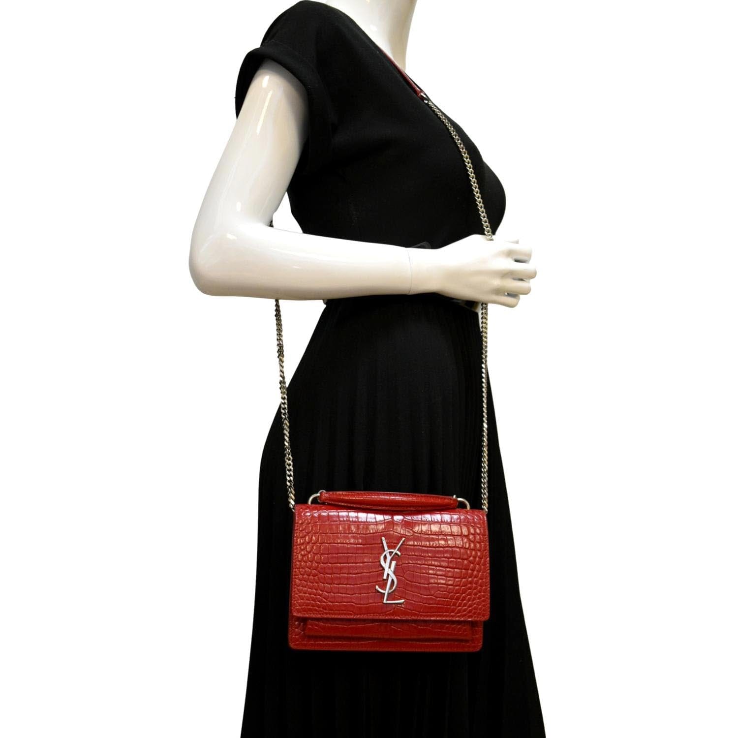YSL Saint Laurent Yves Sunset Crocodile Crossbody Bag Leather Red Embossed