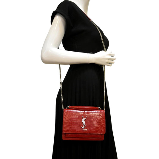 YSL Saint Laurent Yves Sunset Crocodile Crossbody Bag Leather Red Embossed