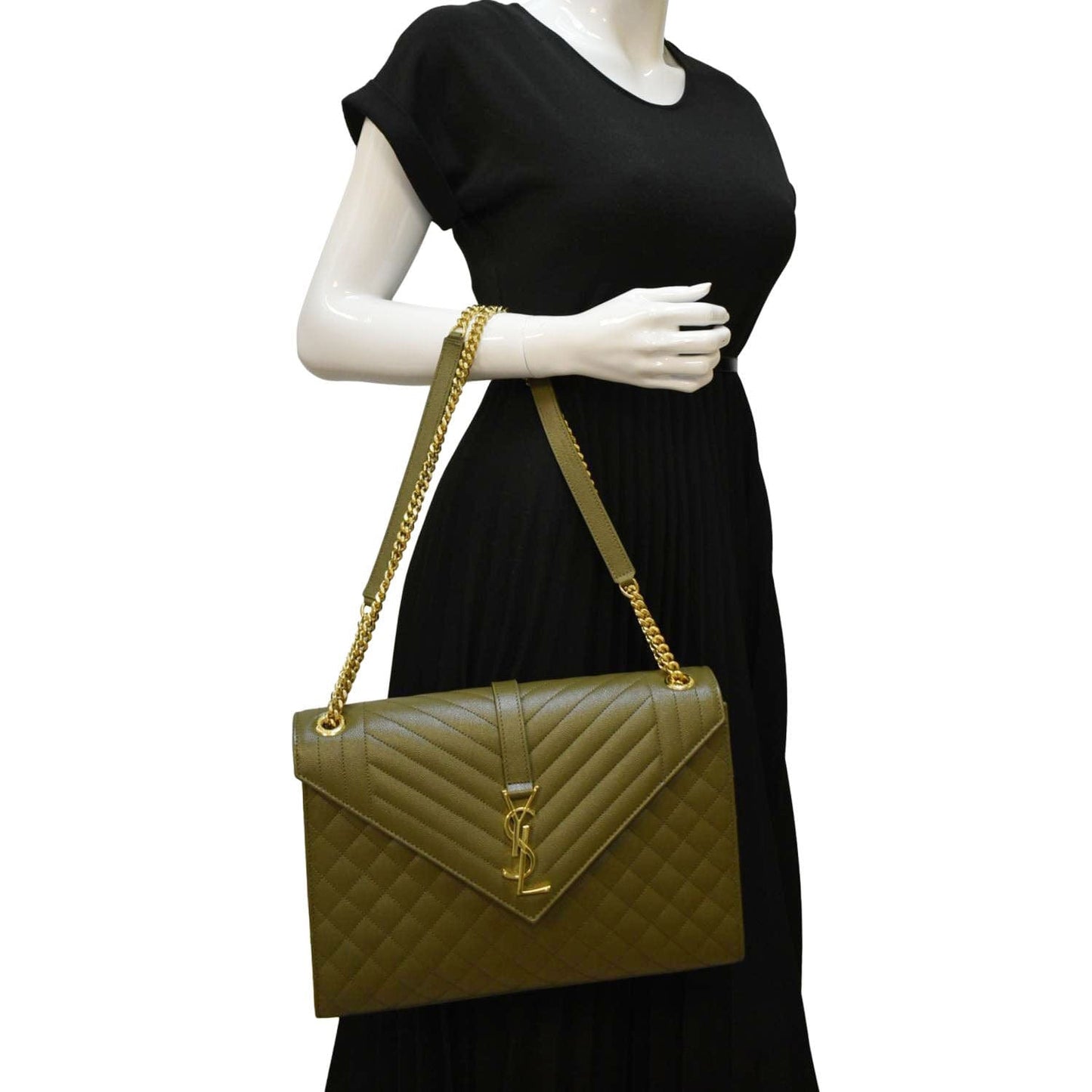 YSL Saint Laurent Yves Envelope Shoulder Bag Khaki Leather Matelasse Green