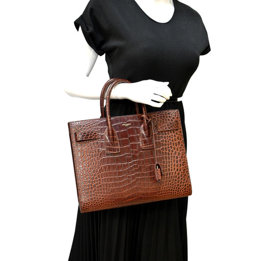 YSL Saint Laurent Yves Sac De Jour Satchel Bag Chocolate Leather Brown Embossed