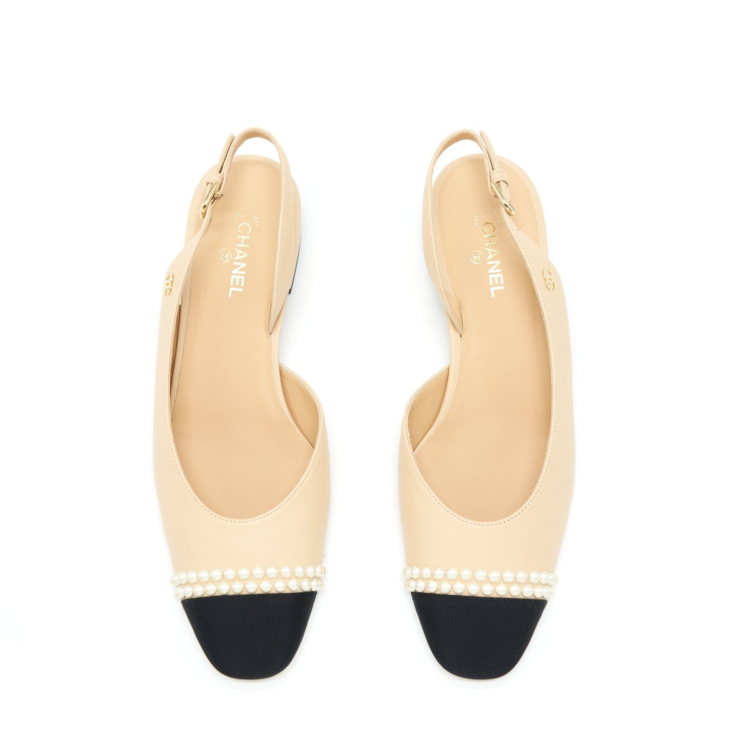 Chanel 38.5C Slingback Flats Pearls Beige Shoes