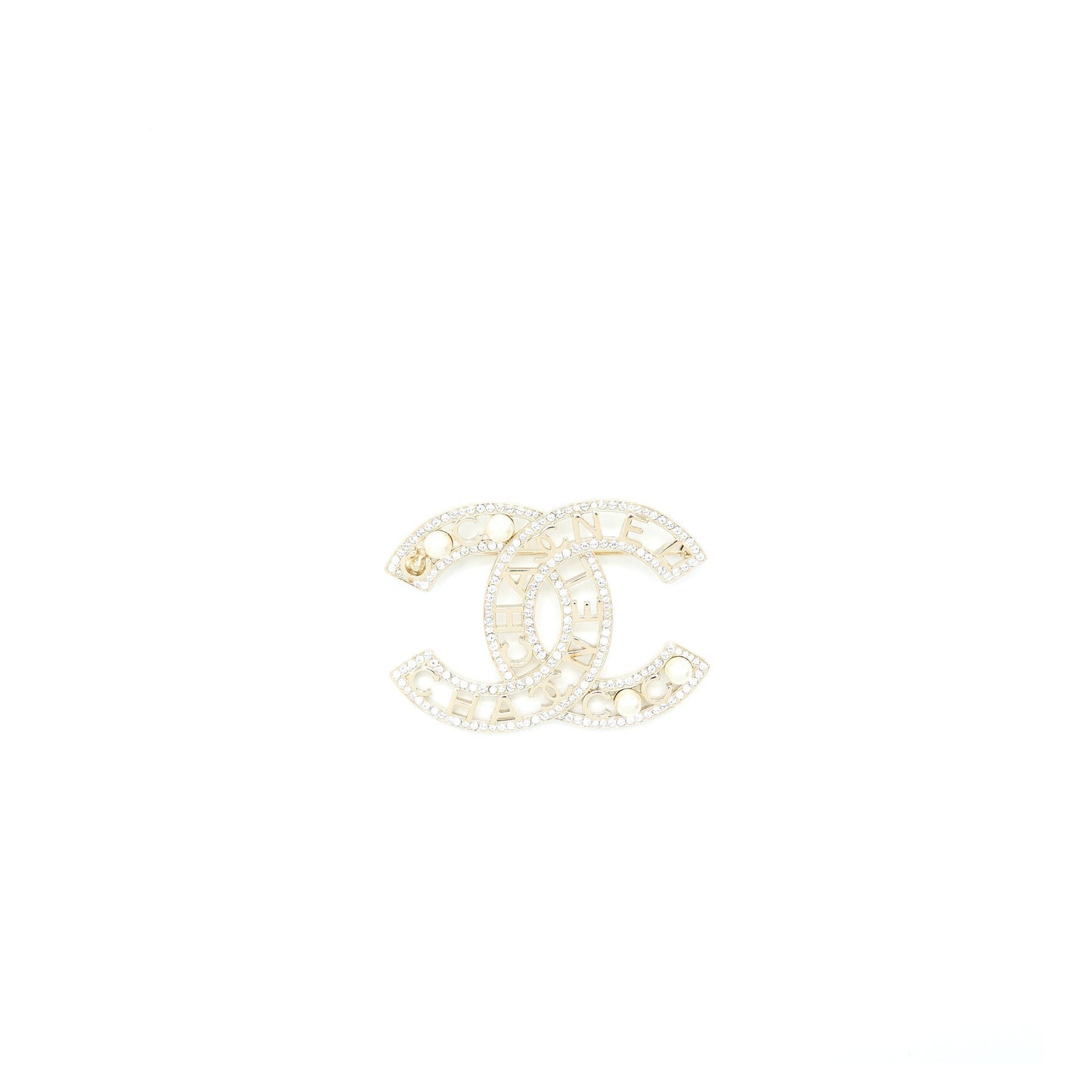 Chanel Model CC Logo Crystal Pearl Brooch Gold Handbag