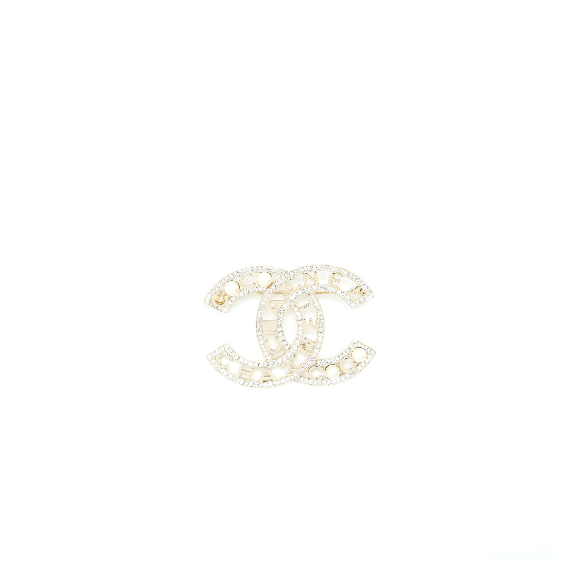 Chanel Model CC Logo Crystal Pearl Brooch Gold Handbag