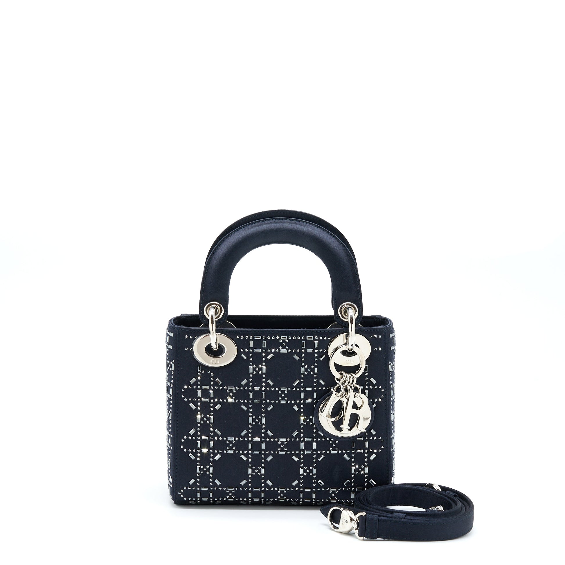 Dior Lady Crystal Cannage Dark Handbag Satin Blue Travel Bag