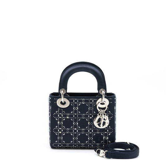 Dior Lady Crystal Cannage Dark Handbag Satin Blue Travel Bag