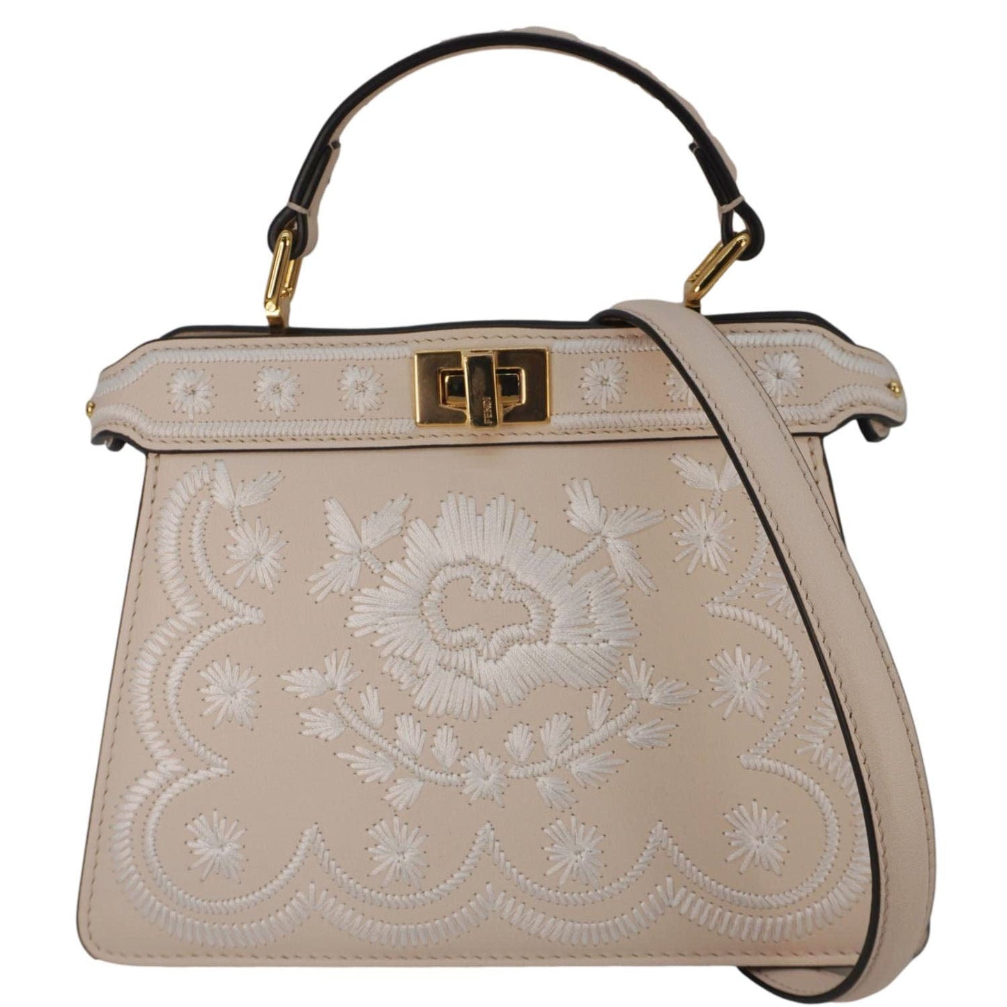 Fendi Peekaboo Seta Nappa Floral Tote Bag Camelia Leather Vitello Embroidered
