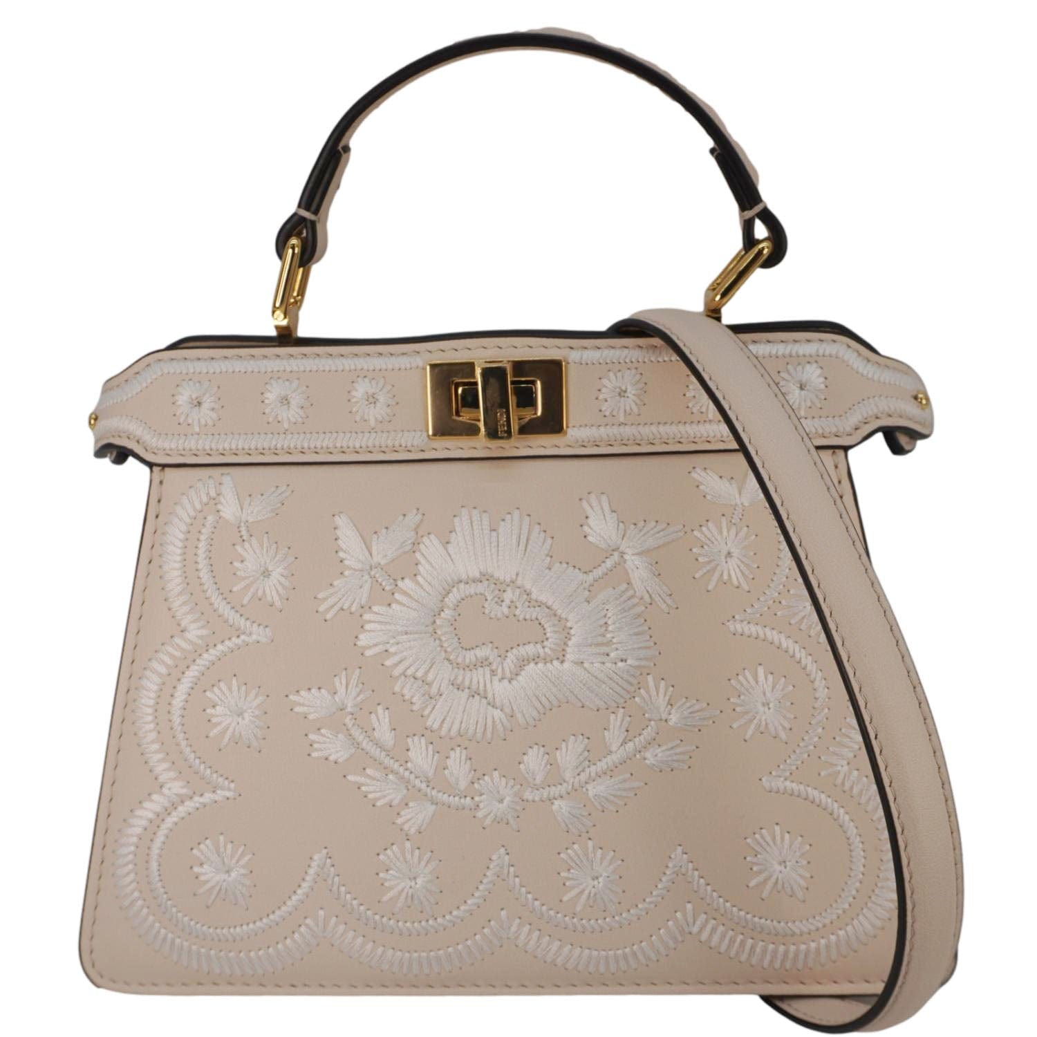 Fendi Peekaboo Seta Nappa Floral Tote Bag Camelia Leather Vitello Embroidered
