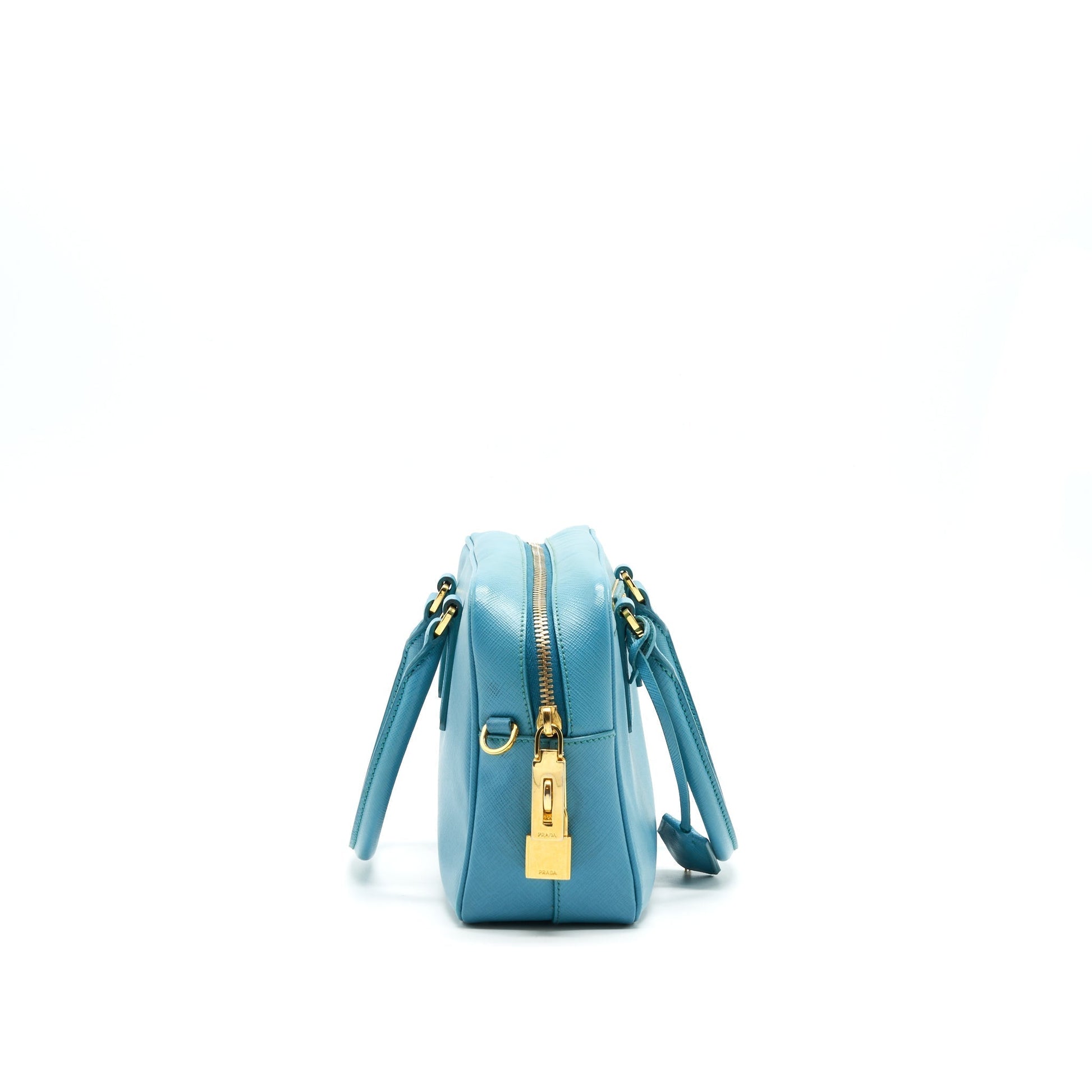 Prada Saffiano Top Handle Purse Handbag Blue Travel Bag