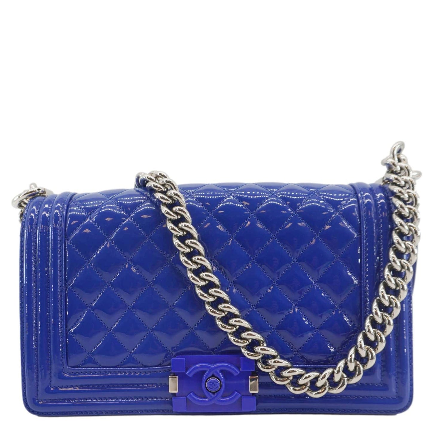 Chanel Boy Flap Plexiglass Patent Leather Blue Travel Bag Medium Plexiglass