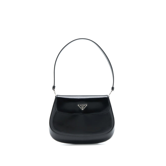 Prada Cleo Purse Brushed Handbag Leather Black Travel Bag