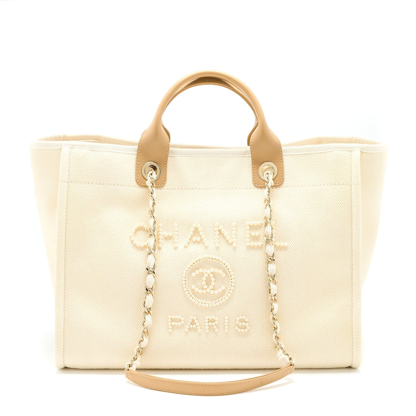 Chanel Deauville Fabric Creamy GHW White Beige Leather Tote Bag