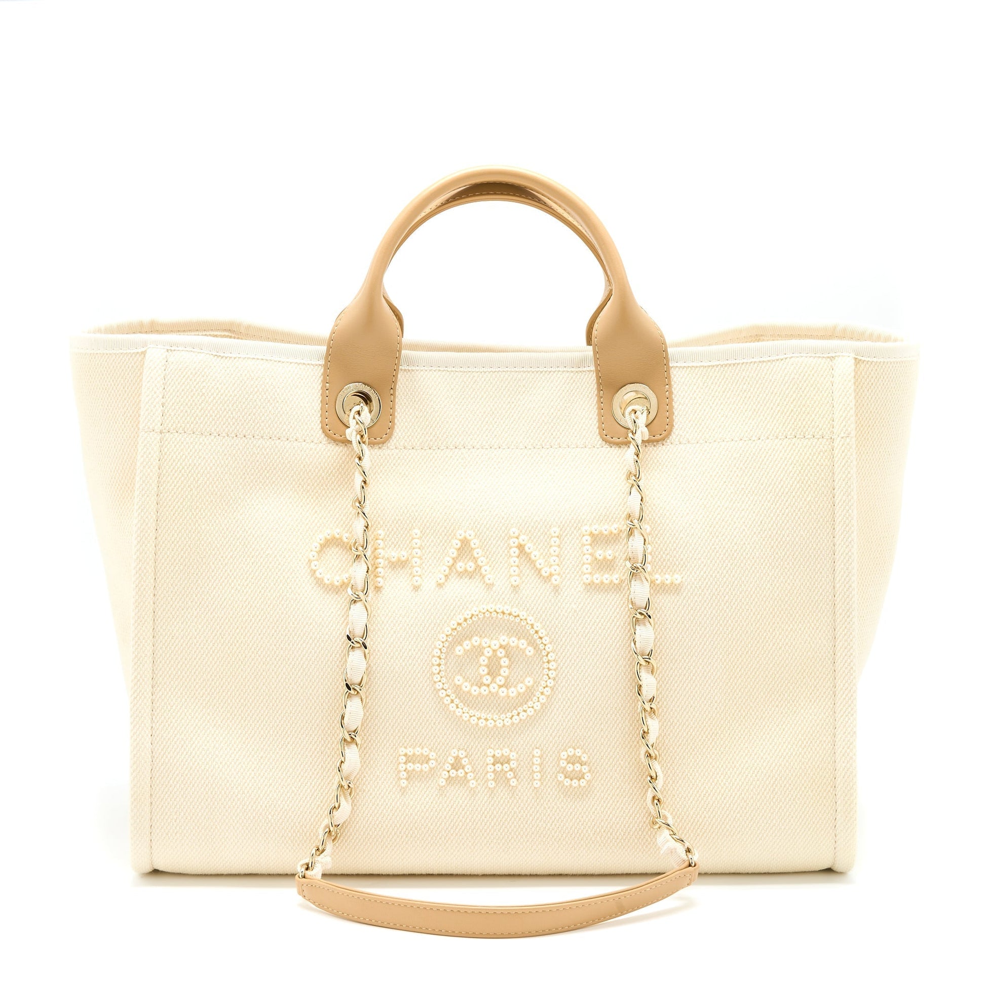 Chanel Deauville Fabric Creamy GHW White Beige Leather Tote Bag