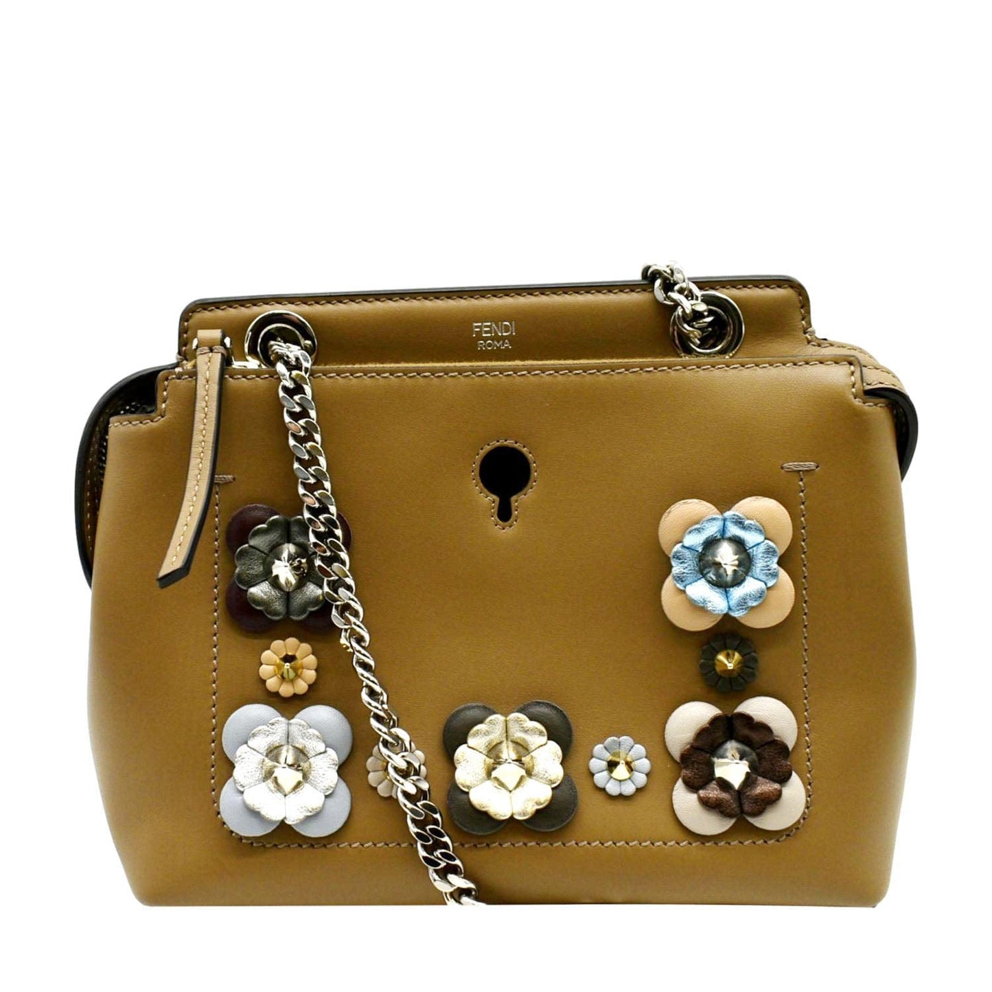Fendi Dotcom Flower Embellished Shoulder Bag Leather Tan