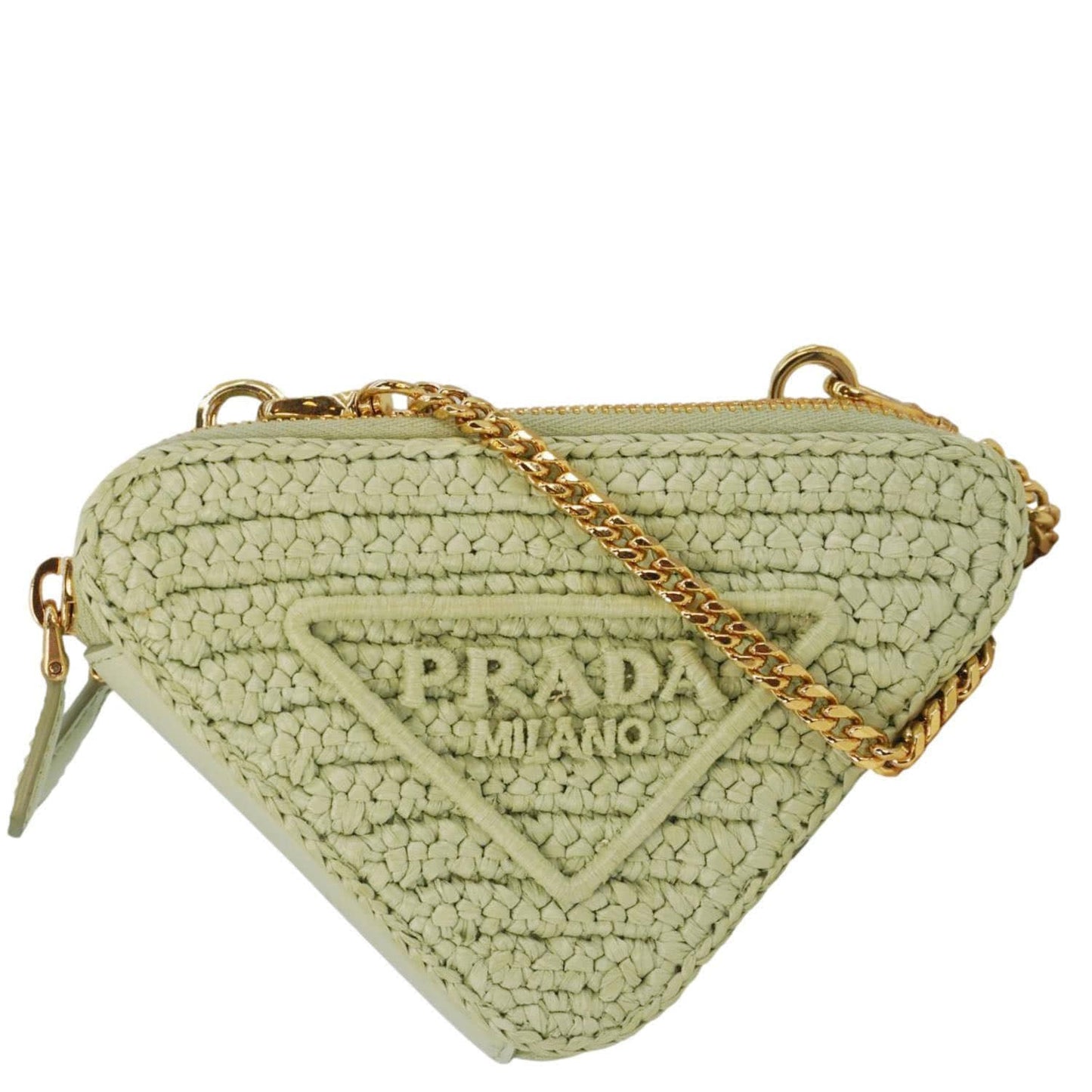 Prada Triangle Embroidered Pouch Leather Raffia Green Handbag