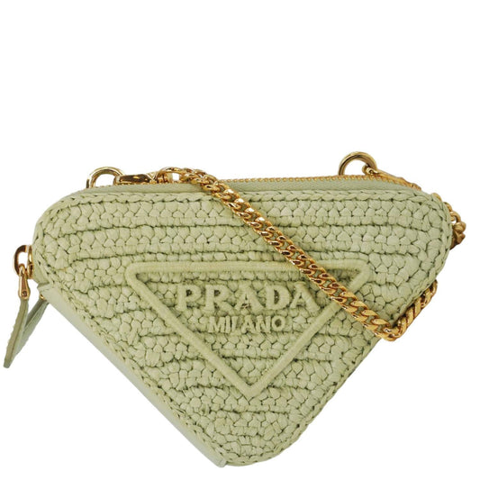 Prada Triangle Embroidered Pouch Leather Raffia Green Handbag