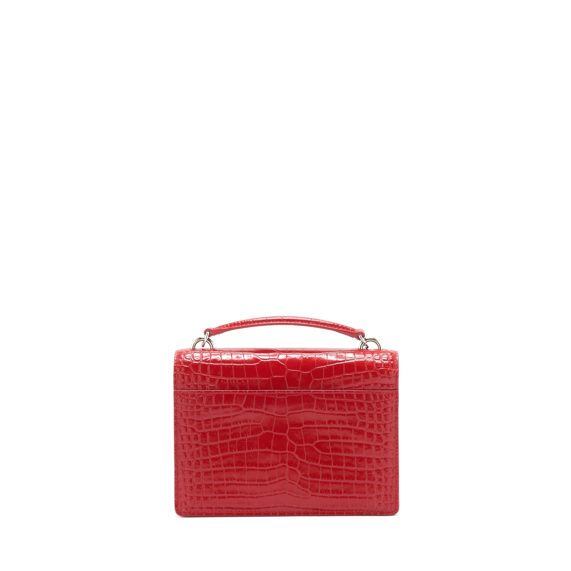 YSL Saint Laurent Sunset Crocodile Embossed Travel Bag Red Mini