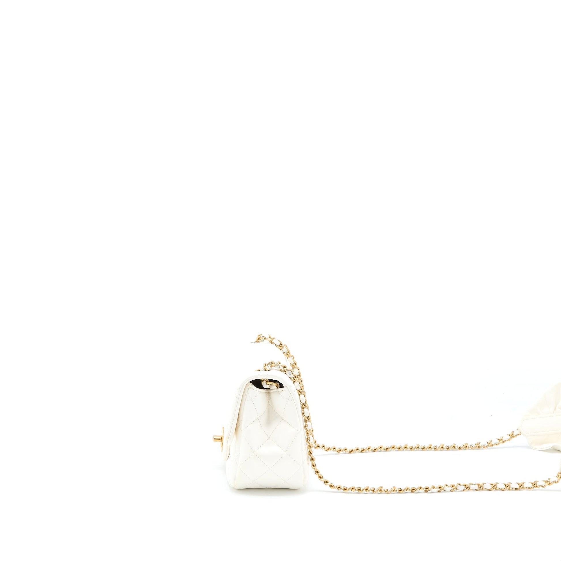 Chanel Square Flap Detailed Ribbon Lambskin GHW White Shoulder Bag